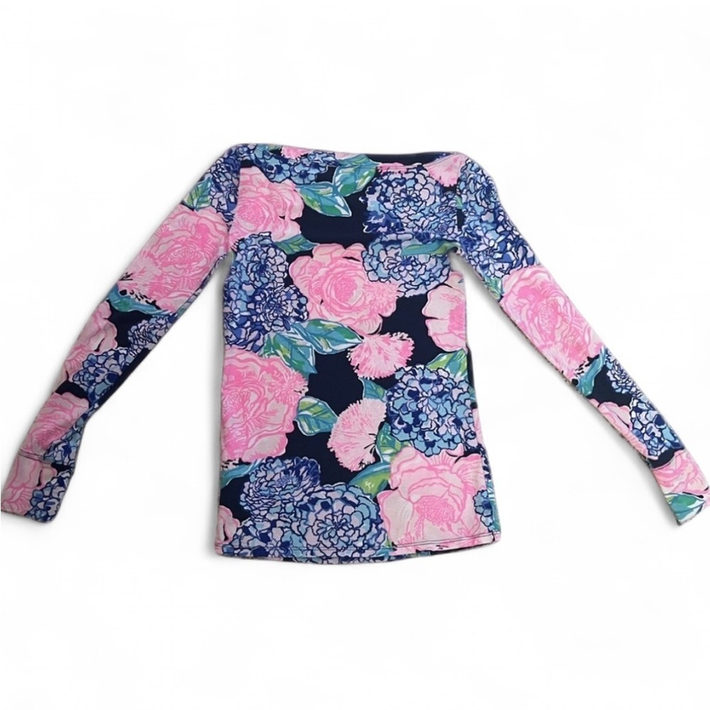 Lilly Pulitzer Aleah Top “Hey Hey Bouquet”, Size XXS. High Tide Navy. Pink/blue - Picture 2 of 12